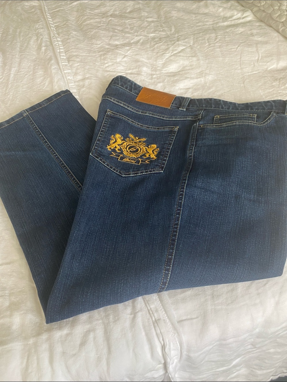 Brioni Dark Blue Jeans with Gold Embroidered Pockets